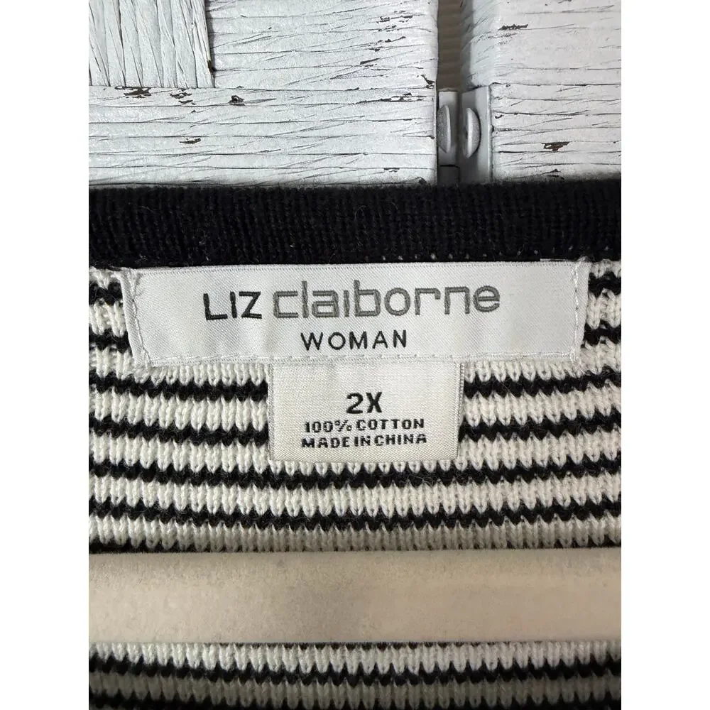 Liz Claiborne womens sweater lightweight spring black white striped Plus Sz￼￼ - Picture 5 of 9